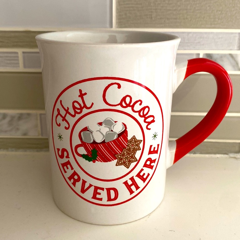 Hot Cocoa Served Here Christmas theme 20 oz white and red ceramic mug